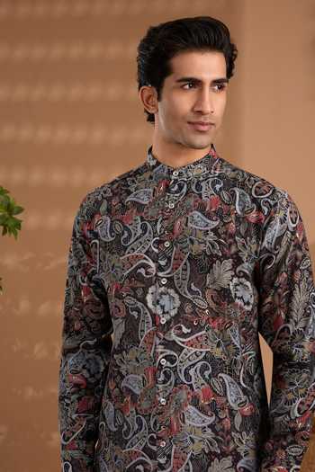 Shop_Spring Break_Black Silk Paisley Print Kurta _Online_at_Aza_Fashions