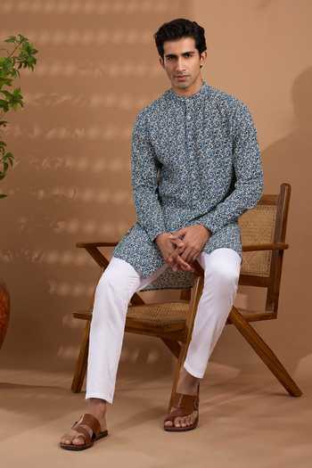 Spring Break_Blue Cotton, Crepe Floral Print Kurta _Online_at_Aza_Fashions
