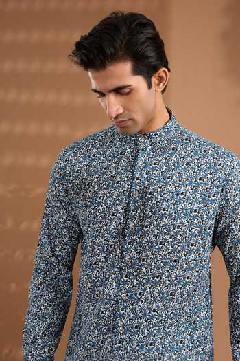 Buy_Spring Break_Blue Cotton, Crepe Floral Print Kurta _Online_at_Aza_Fashions