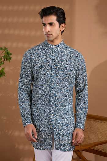 Shop_Spring Break_Blue Cotton, Crepe Floral Print Kurta _Online_at_Aza_Fashions