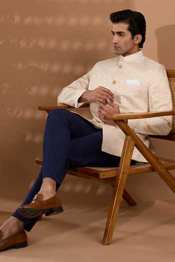 Spring Break_Ivory Silk Embroidery Jacquard Pattern Bandhgala _Online_at_Aza_Fashions