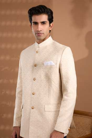 Buy_Spring Break_Ivory Silk Embroidery Jacquard Pattern Bandhgala _Online_at_Aza_Fashions