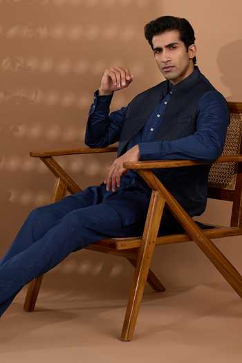 Shop Spring Break Blue Silk, Cotton Satin Jacquard Embroidered Nehru Jacket And Kurta Set Online at Aza Fashions Shop_Spring Break_Blue Silk, Cotton Satin Jacquard Embroidered Nehru Jacket And Kurta Set _Online_at_Aza_Fashions