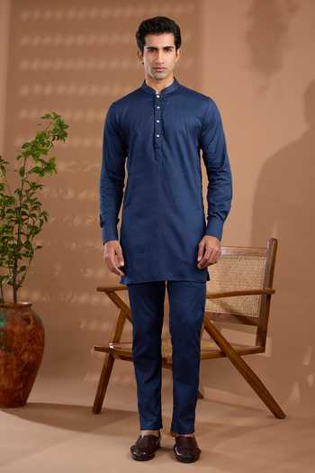 Spring Break Blue Silk, Cotton Satin Jacquard Embroidered Nehru Jacket And Kurta Set at Aza Fashions Spring Break_Blue Silk, Cotton Satin Jacquard Embroidered Nehru Jacket And Kurta Set _at_Aza_Fashions