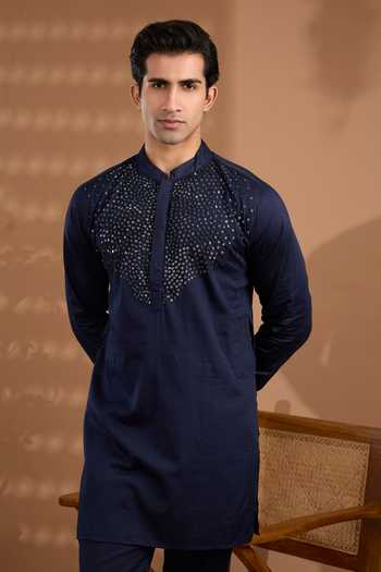 Buy_SPRING BREAK_Blue Cotton Satin Embroidered Kurta Set _Online_at_Aza_Fashions