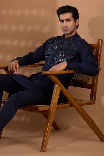 Shop_SPRING BREAK_Blue Cotton Satin Embroidered Kurta Set _Online_at_Aza_Fashions