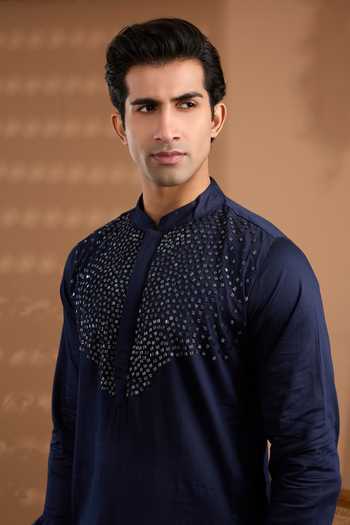 SPRING BREAK_Blue Cotton Satin Embroidered Kurta Set _at_Aza_Fashions