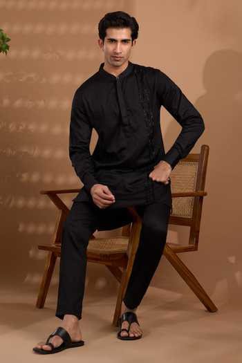 SPRING BREAK_Black Cotton Satin Hand Embroidered Kurta And Pant Set _Online_at_Aza_Fashions