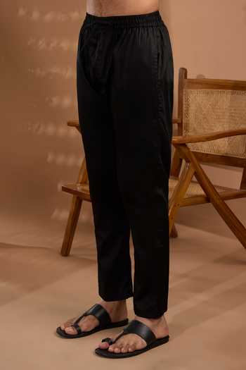 Buy_SPRING BREAK_Black Cotton Satin Hand Embroidered Kurta And Pant Set _Online_at_Aza_Fashions