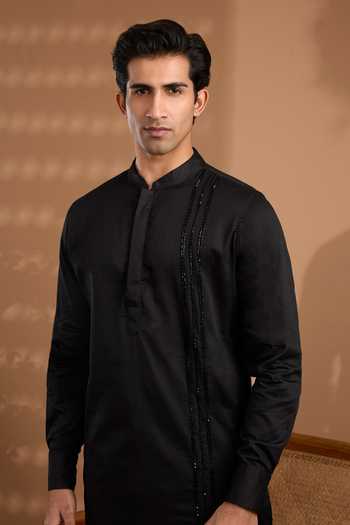 Shop_SPRING BREAK_Black Cotton Satin Hand Embroidered Kurta And Pant Set _Online_at_Aza_Fashions