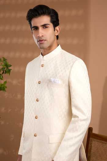 Spring Break_Ivory Silk Embroidery Jacquard Woven Bandhgala _Online_at_Aza_Fashions