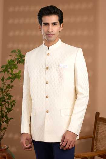 Buy_Spring Break_Ivory Silk Embroidery Jacquard Woven Bandhgala _Online_at_Aza_Fashions