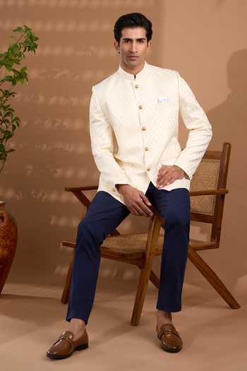 Shop_Spring Break_Ivory Silk Embroidery Jacquard Woven Bandhgala _Online_at_Aza_Fashions