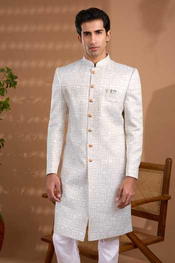 Buy_Spring Break_White Silk, Cotton Satin Jacquard Woven Sherwani Set _Online_at_Aza_Fashions