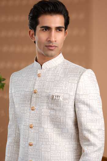 Shop_Spring Break_White Silk, Cotton Satin Jacquard Woven Sherwani Set _Online_at_Aza_Fashions