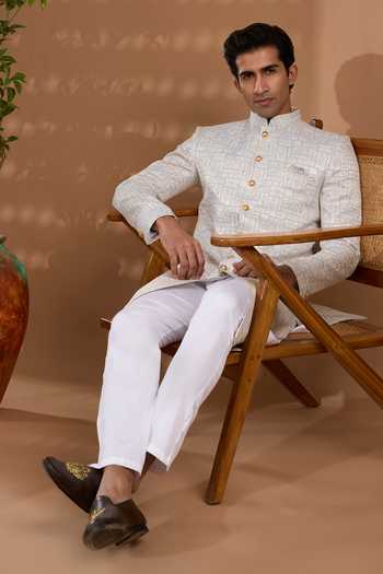 Spring Break_White Silk, Cotton Satin Jacquard Woven Sherwani Set _at_Aza_Fashions