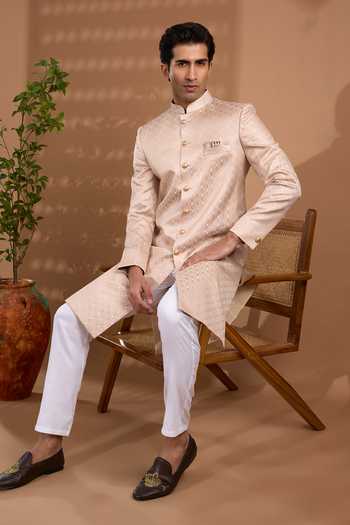 Spring Break_Pink Silk, Cotton Satin Woven Sherwani And Pant Set _Online_at_Aza_Fashions