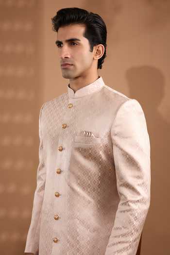 Shop_Spring Break_Pink Silk, Cotton Satin Woven Sherwani And Pant Set _Online_at_Aza_Fashions