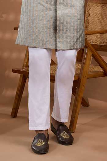 Spring Break_Grey Silk, Cotton Satin Jacquard Woven Sherwani And Pant Set _Online_at_Aza_Fashions