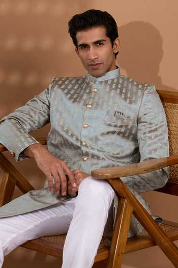 Buy_Spring Break_Grey Silk, Cotton Satin Jacquard Woven Sherwani And Pant Set _Online_at_Aza_Fashions