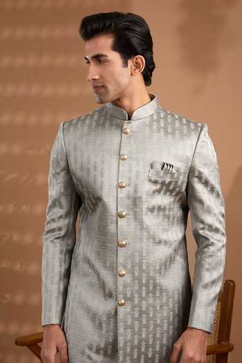 Shop_Spring Break_Grey Silk, Cotton Satin Jacquard Woven Sherwani And Pant Set _Online_at_Aza_Fashions