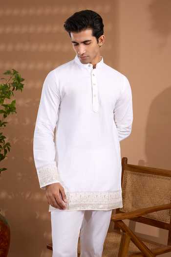 Buy_Spring Break_White Cotton Satin Border Embroidered Kurta Set _Online_at_Aza_Fashions