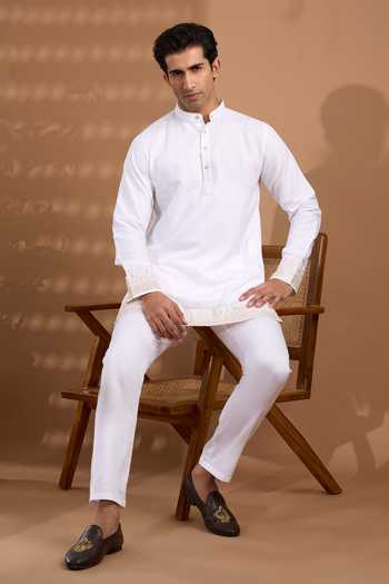 Shop_Spring Break_White Cotton Satin Border Embroidered Kurta Set _Online_at_Aza_Fashions
