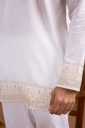 Spring Break_White Cotton Satin Border Embroidered Kurta Set _at_Aza_Fashions