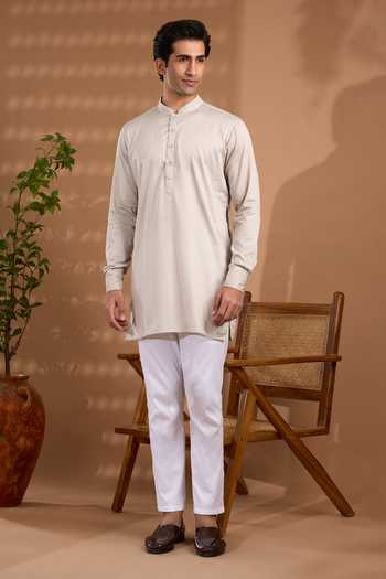 Spring Break_Grey Silk, Cotton Satin Woven Nehru Jacket And Kurta Set _Online_at_Aza_Fashions