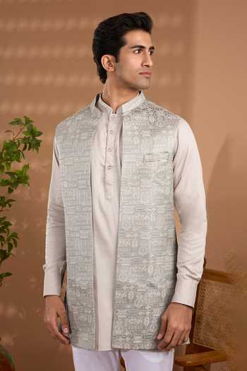 Buy_Spring Break_Grey Silk, Cotton Satin Woven Nehru Jacket And Kurta Set _Online_at_Aza_Fashions