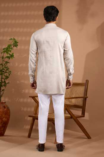 Shop_Spring Break_Grey Silk, Cotton Satin Woven Nehru Jacket And Kurta Set _Online_at_Aza_Fashions
