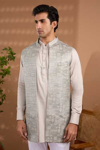 Spring Break_Grey Silk, Cotton Satin Woven Nehru Jacket And Kurta Set _at_Aza_Fashions