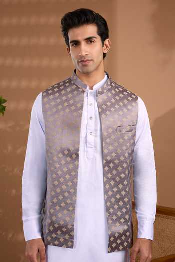 Buy_Spring Break_Purple Silk, Cotton Satin Geometric Woven Nehru Jacket Set _Online_at_Aza_Fashions