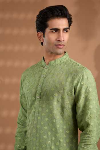 Buy_Spring Break_Green Silk, Cotton Embroidered Kurta And Pant Set _Online_at_Aza_Fashions