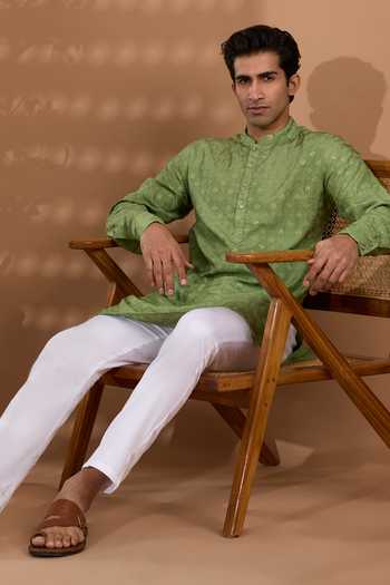 Shop_Spring Break_Green Silk, Cotton Embroidered Kurta And Pant Set _Online_at_Aza_Fashions