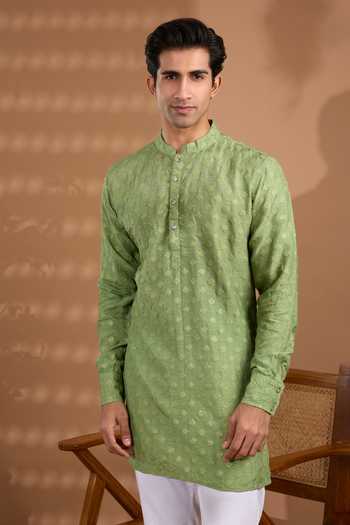 Spring Break_Green Silk, Cotton Embroidered Kurta And Pant Set _at_Aza_Fashions