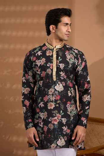 Shop_Spring Break_Black Silk, Cotton Printed Kurta And Pant Set _Online_at_Aza_Fashions