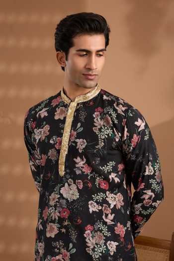 Spring Break_Black Silk, Cotton Printed Kurta And Pant Set _at_Aza_Fashions
