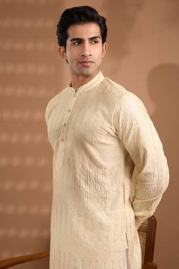 Spring Break Ivory Silk, Cotton Sequin Work Kurta And Pant Set at Aza Fashions Spring Break_Ivory Silk, Cotton Sequin Work Kurta And Pant Set _at_Aza_Fashions