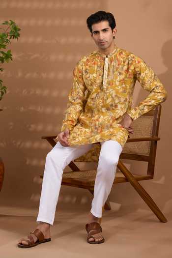 Spring Break_Yellow Silk, Cotton Printed Kurta And Pant Set _Online_at_Aza_Fashions