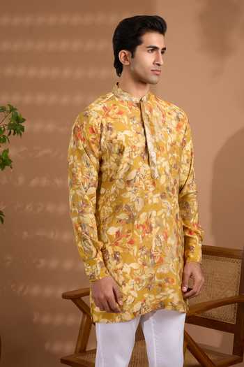 Buy_Spring Break_Yellow Silk, Cotton Printed Kurta And Pant Set _Online_at_Aza_Fashions