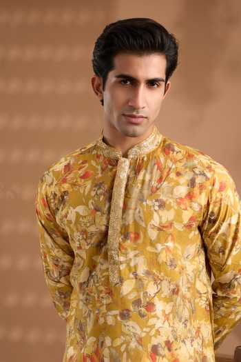 Shop_Spring Break_Yellow Silk, Cotton Printed Kurta And Pant Set _Online_at_Aza_Fashions