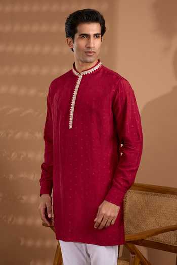 SPRING BREAK_Maroon Silk, Cotton Embroidered Kurta And Pant Set _Online_at_Aza_Fashions