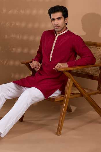 Shop_SPRING BREAK_Maroon Silk, Cotton Embroidered Kurta And Pant Set _Online_at_Aza_Fashions