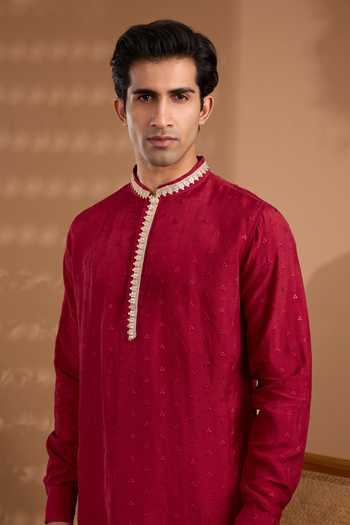 SPRING BREAK_Maroon Silk, Cotton Embroidered Kurta And Pant Set _at_Aza_Fashions