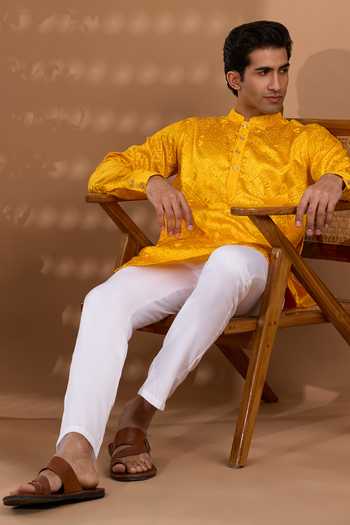 SPRING BREAK_Yellow Silk, Cotton Embroidered Kurta And Pant Set _Online_at_Aza_Fashions