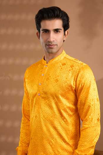 Shop_SPRING BREAK_Yellow Silk, Cotton Embroidered Kurta And Pant Set _Online_at_Aza_Fashions