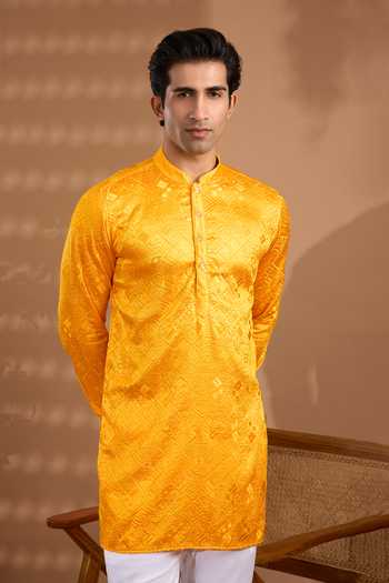 SPRING BREAK_Yellow Silk, Cotton Embroidered Kurta And Pant Set _at_Aza_Fashions
