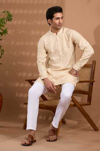 Buy_SPRING BREAK_Ivory Silk, Cotton Embroidered Kurta And Pant Set _Online_at_Aza_Fashions