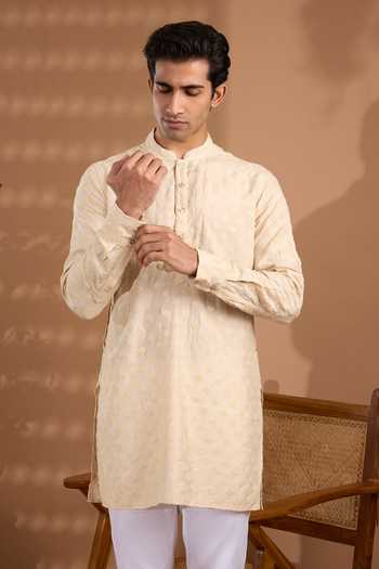 Shop_SPRING BREAK_Ivory Silk, Cotton Embroidered Kurta And Pant Set _Online_at_Aza_Fashions